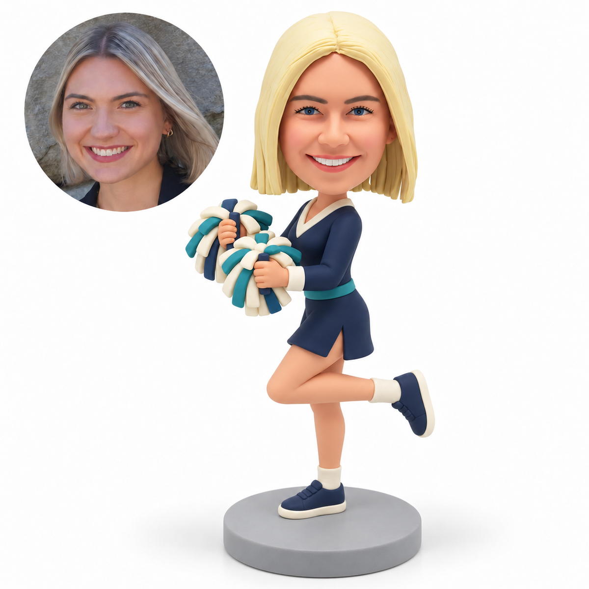 custom bobblehead figure female cheerleader balancing on one leg with two pom poms held forward