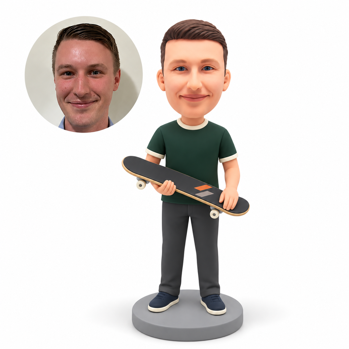 custom bobblehead figure male skateboarder holding a skateboard across his waist with both hands