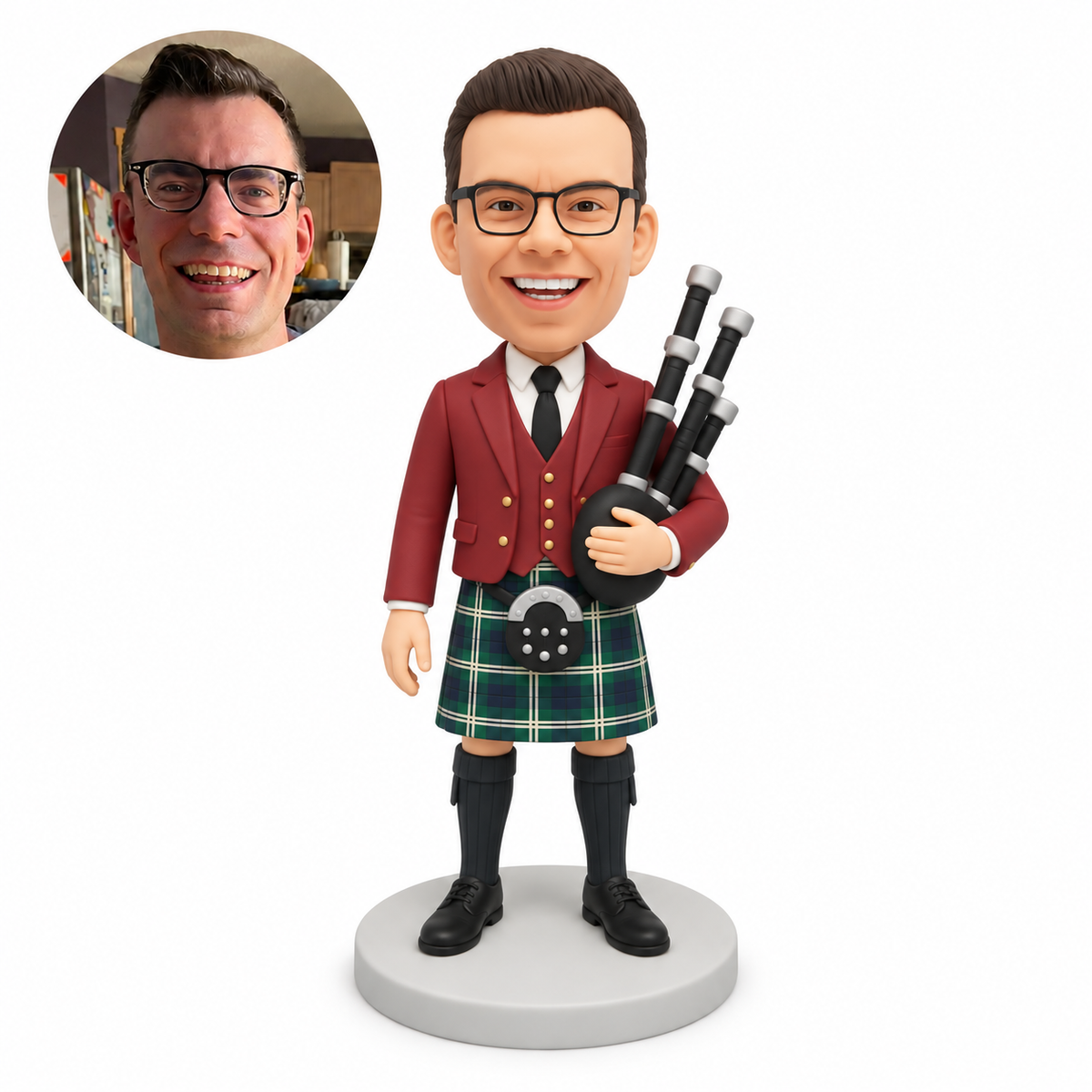 custom bobblehead figure male in a tartan kilt carrying bagpipes under one arm