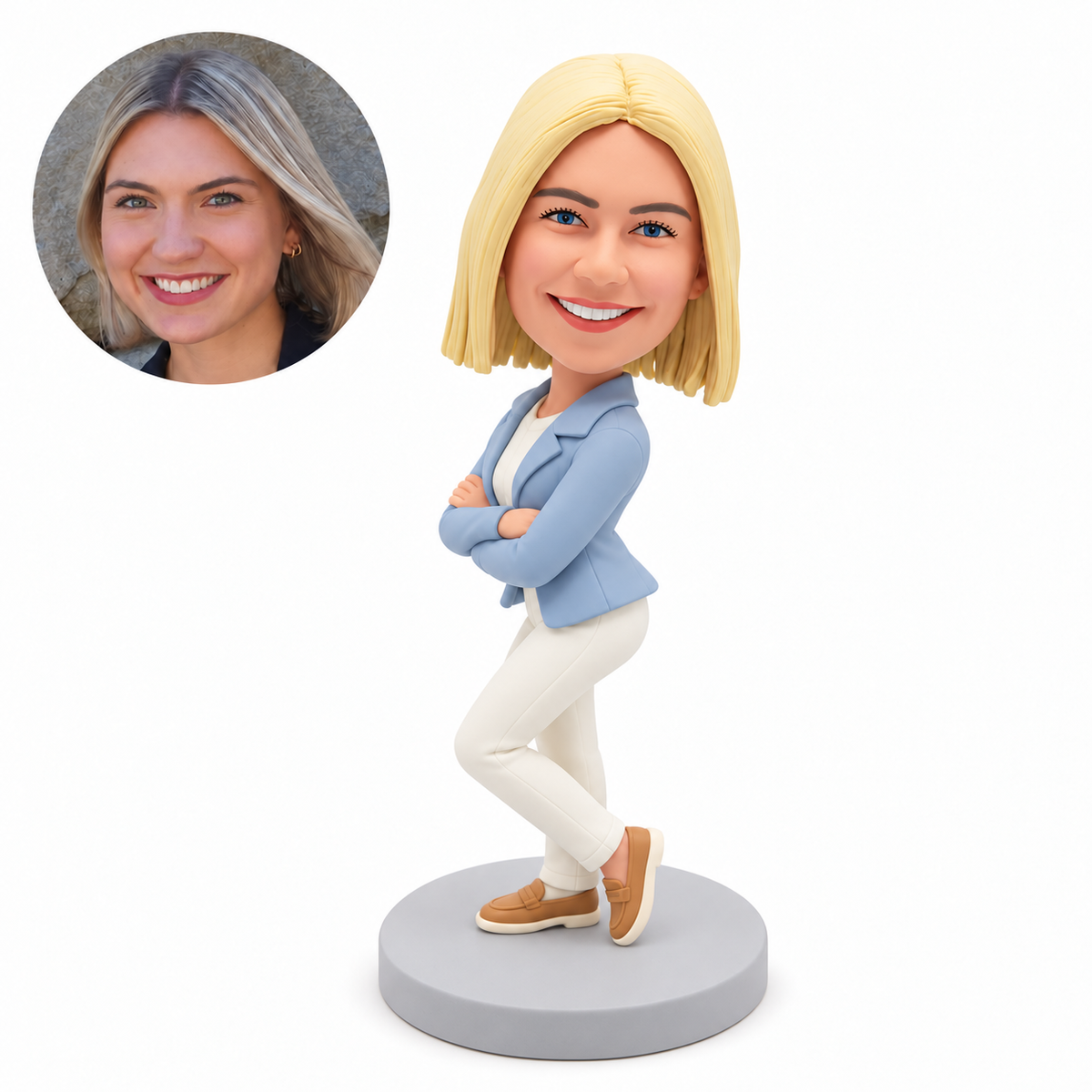 custom bobblehead figure female posing sideways with folded arms and bent knees