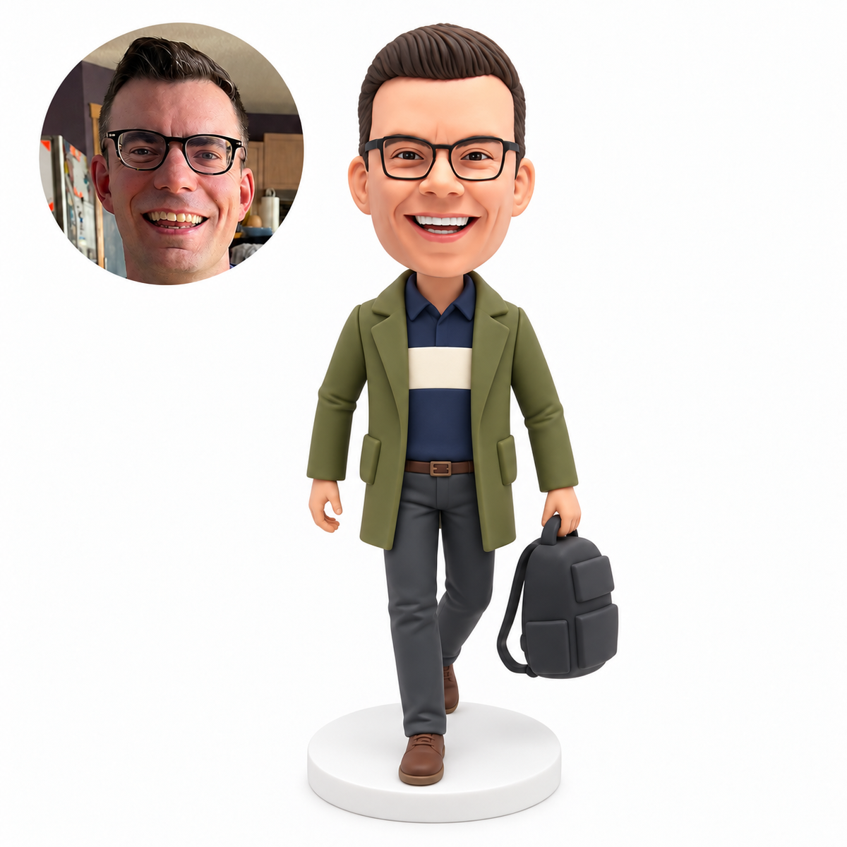 custom bobblehead figure male walking while carrying a backpack by its top handle