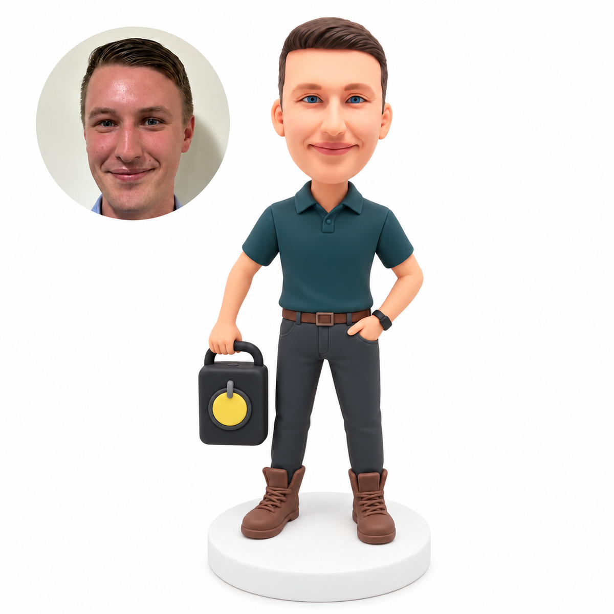 custom bobblehead figure male music fan carrying a portable speaker with one hand in his pocket