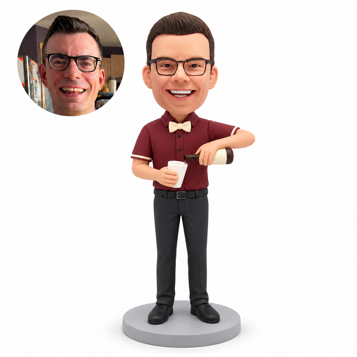 custom bobblehead figure male bartender pouring from a bottle into a cup