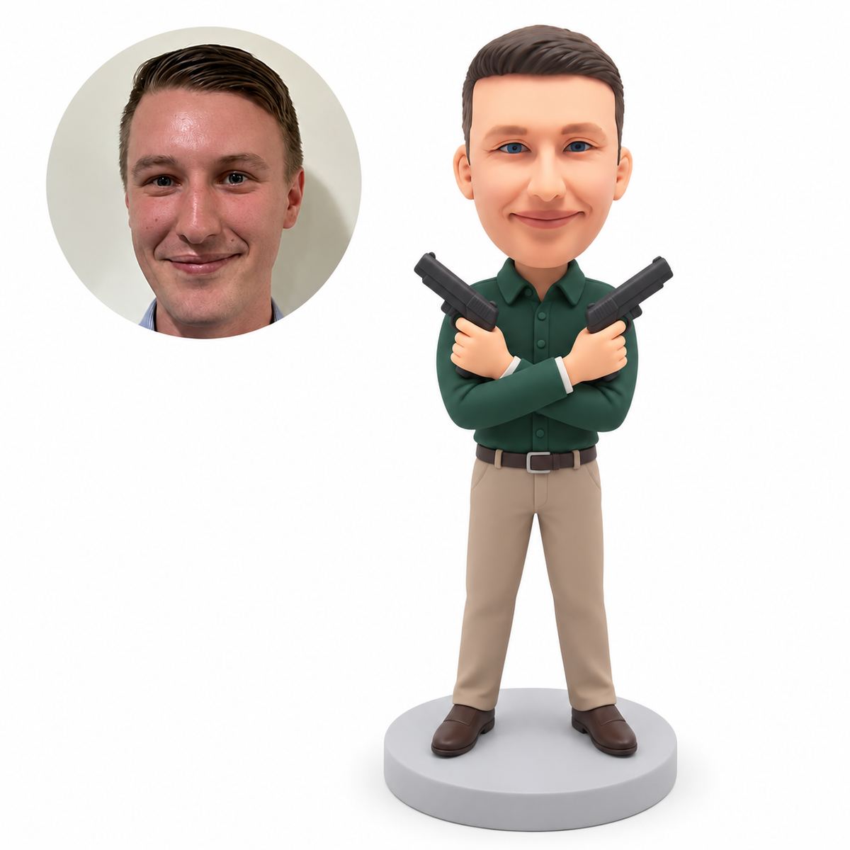 custom bobblehead figure male character with crossed arms holding two prop pistols