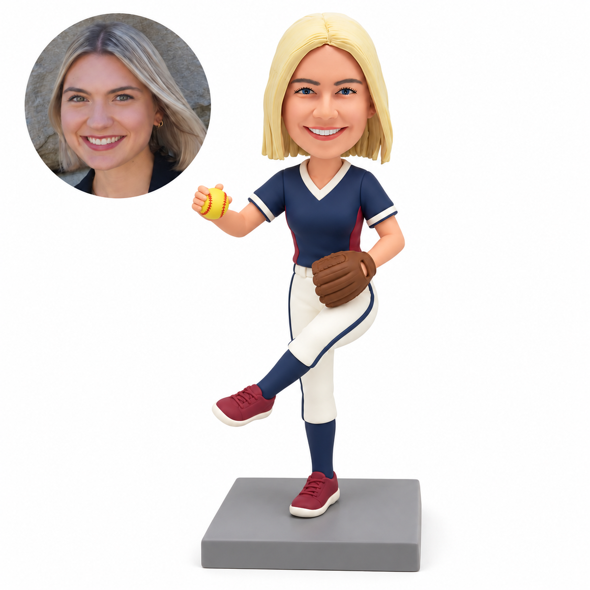 custom bobblehead figure female softball pitcher balancing with one knee raised and holding a ball and glove