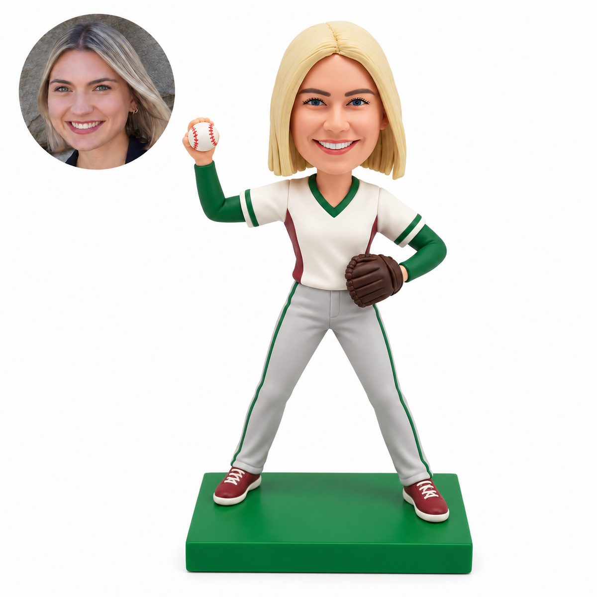 custom bobblehead figure female baseball pitcher holding a raised ball with a glove at her waist