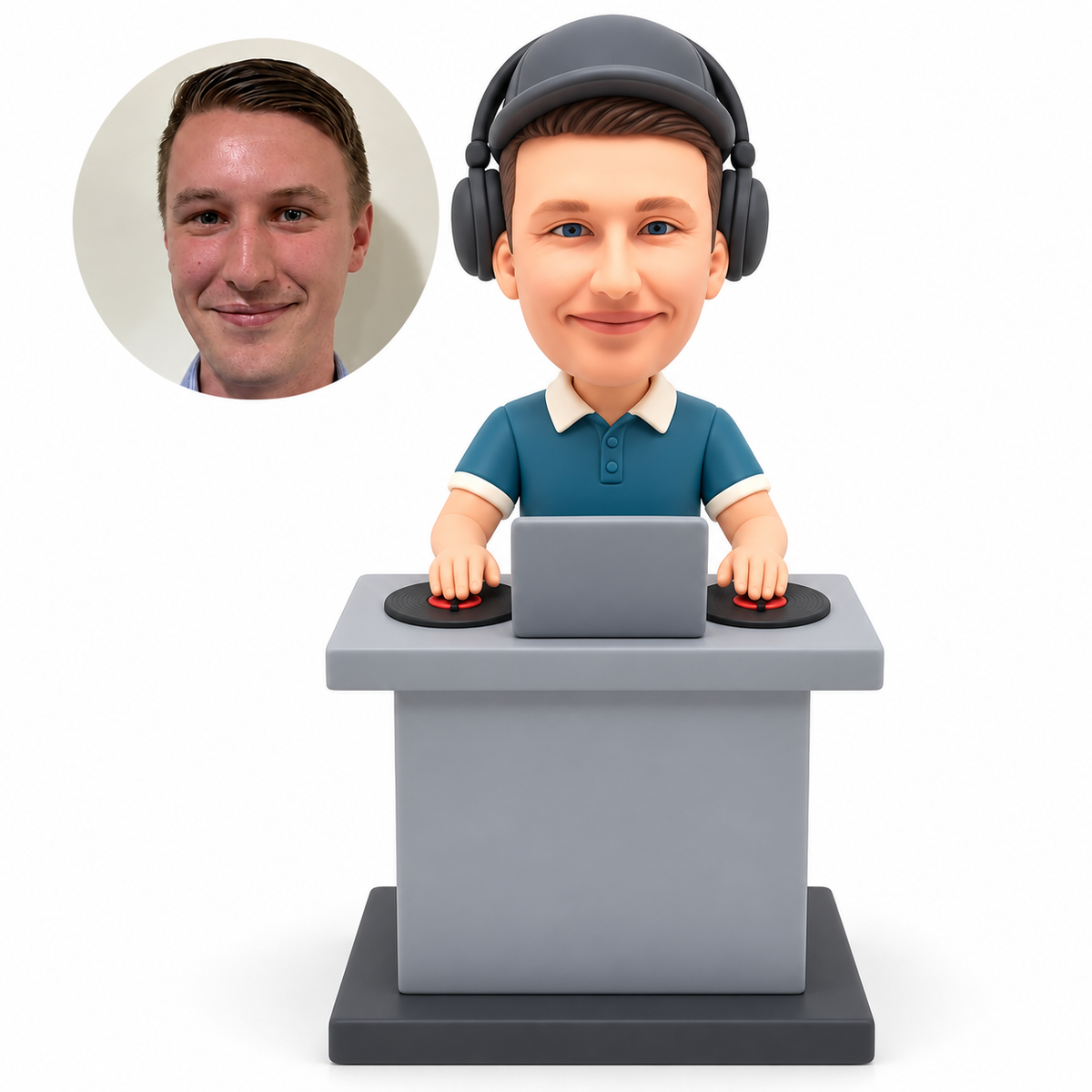 custom bobblehead figure male DJ operating two turntables and a laptop at a pedestal console