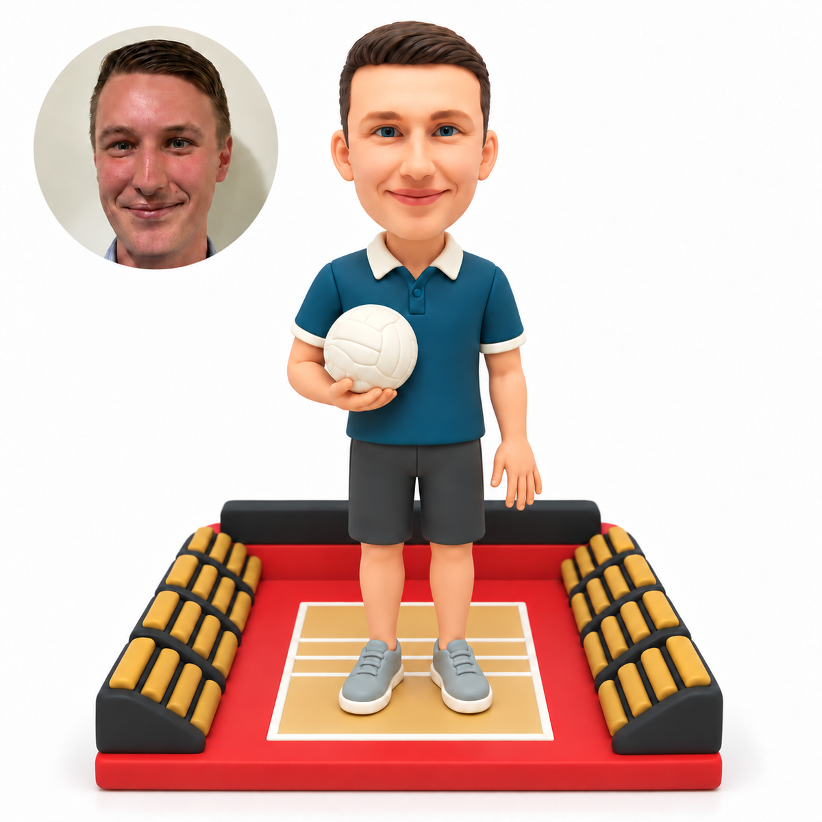 custom bobblehead figure male volleyball coach holding a ball on a stadium court base