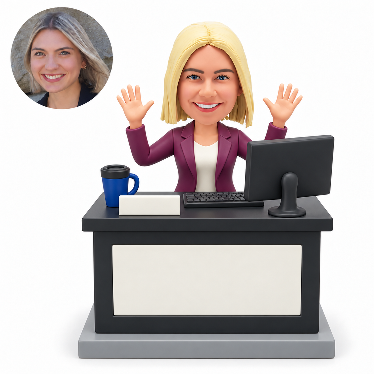 custom bobblehead figure female office professional raising both hands behind a computer desk