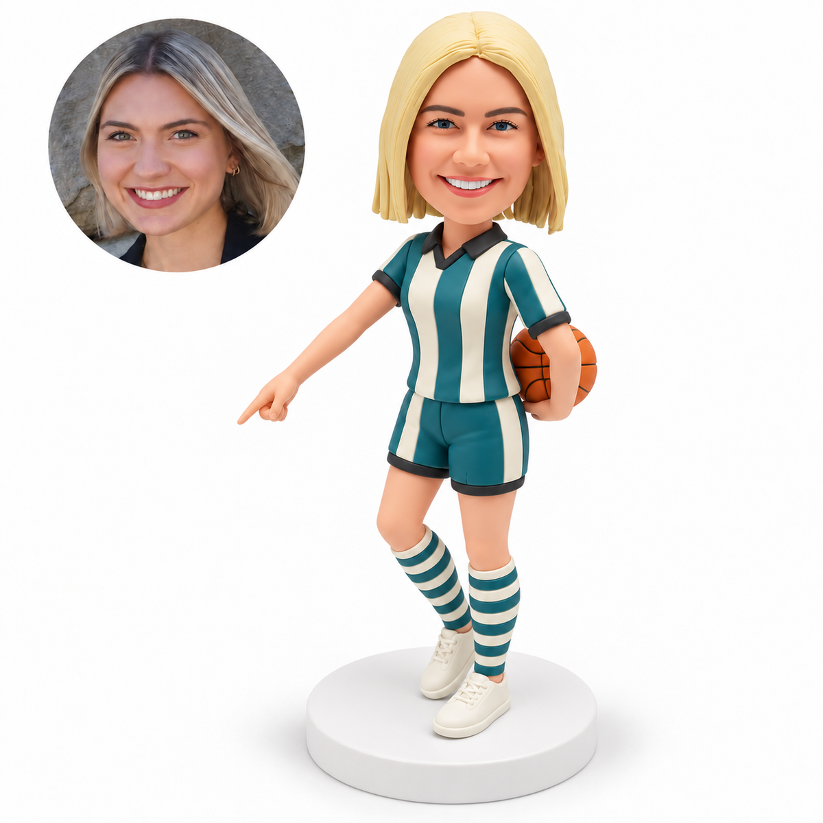custom bobblehead figure female basketball player holding a ball behind her back and pointing down
