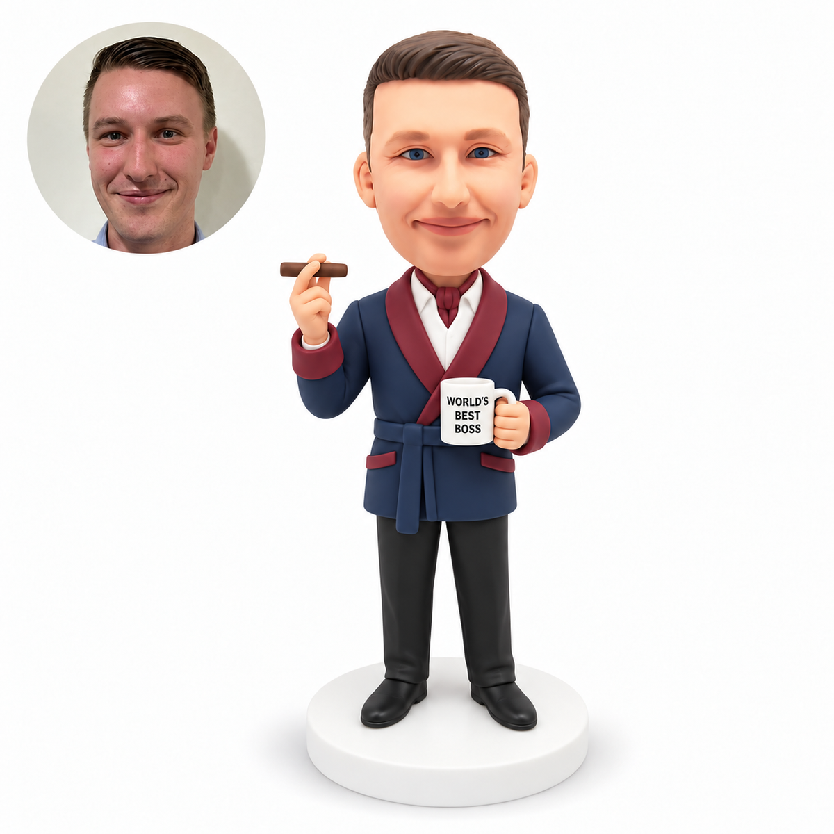 custom bobblehead figure male business boss holding a cigar and a mug