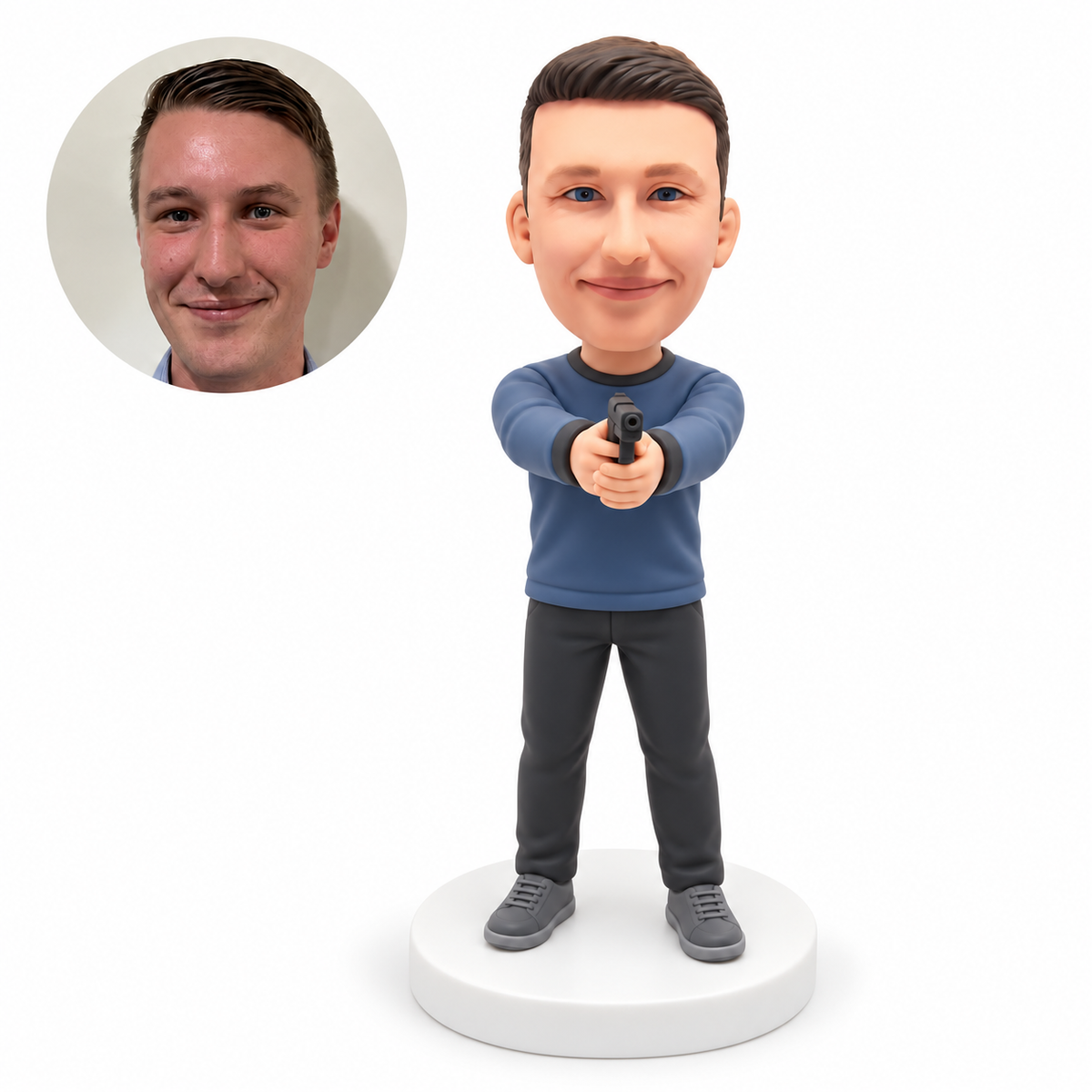 custom bobblehead figure male plainclothes police holding a miniature prop pistol with both arms extended