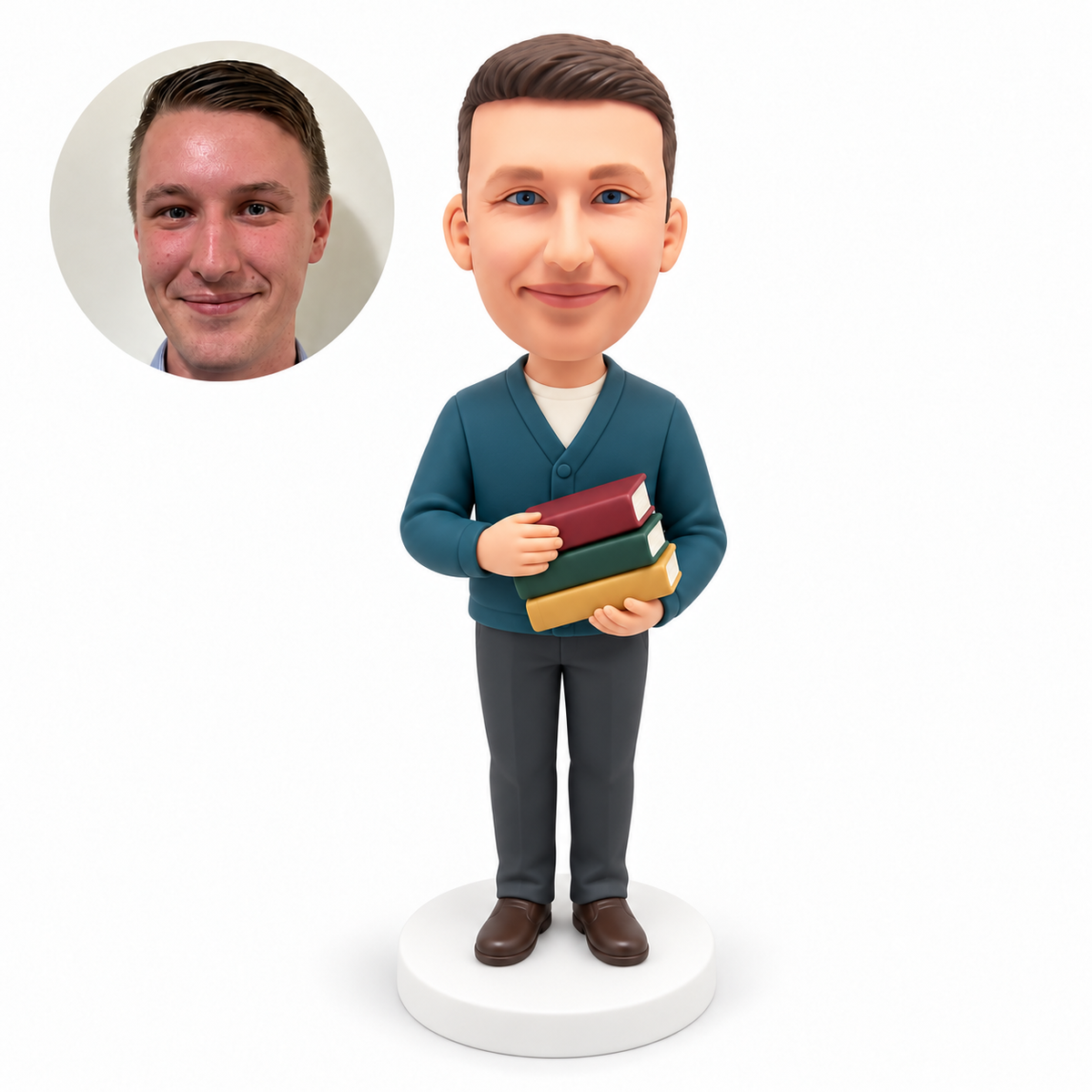 custom bobblehead figure male librarian holding three closed books with both hands