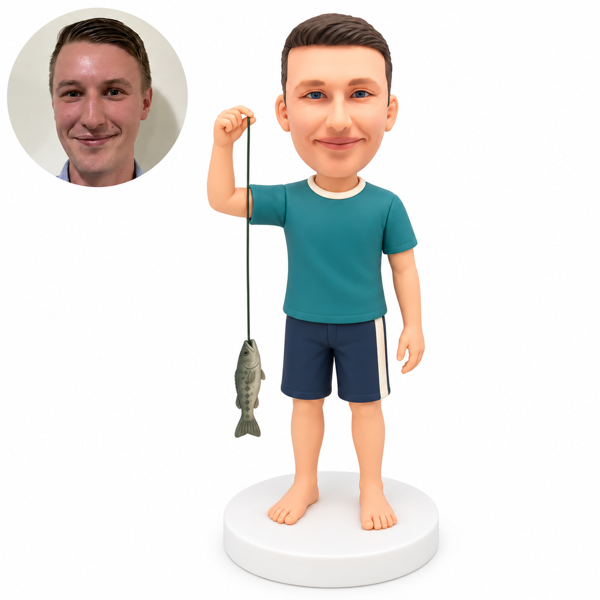 custom bobblehead figure male fisherman raising a fishing line with a hanging fish