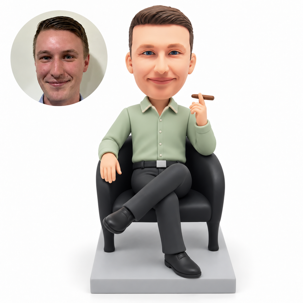 custom bobblehead figure male business boss seated in an armchair with crossed legs holding a cigar