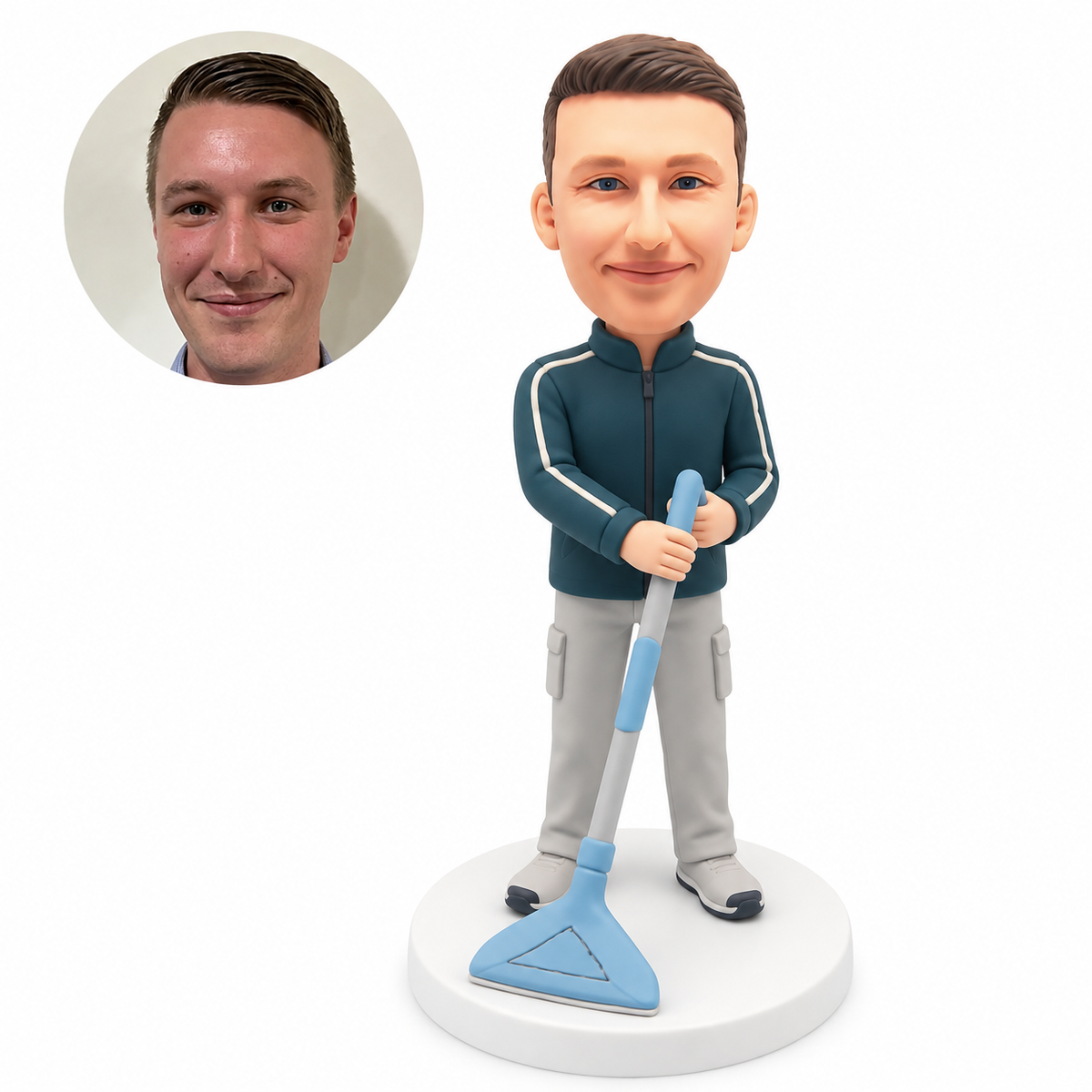 custom bobblehead figure male cleaner holding an upright floor cleaner with a triangular head