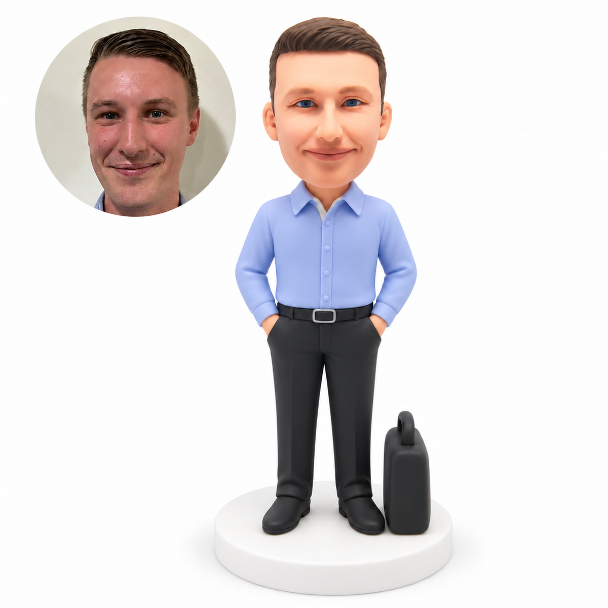 custom bobblehead figure businessman standing with both hands in his pockets beside a briefcase