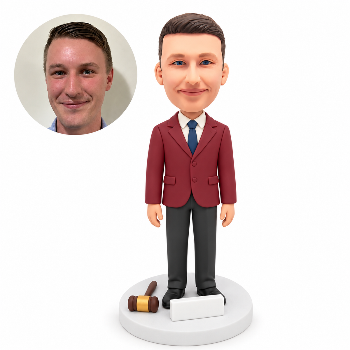 custom bobblehead figure male judge standing beside a gavel and a blank nameplate on the base