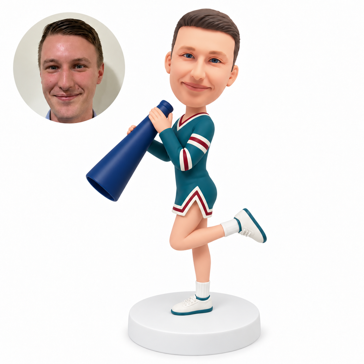 custom bobblehead figure male cheerleader holding a long megaphone with one leg bent behind