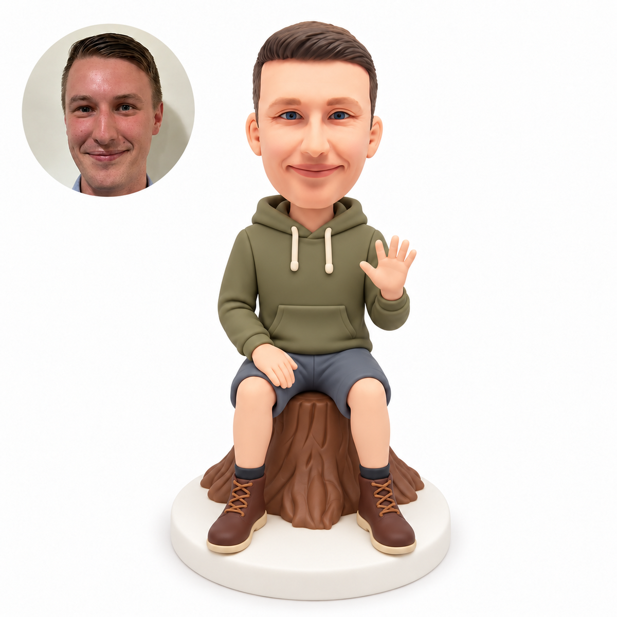 custom bobblehead figure male seated on a tree stump waving with one hand