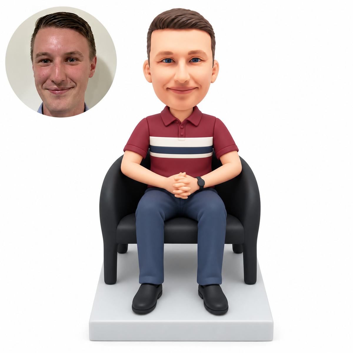 custom bobblehead figure male seated in a barrel chair with his hands clasped in his lap