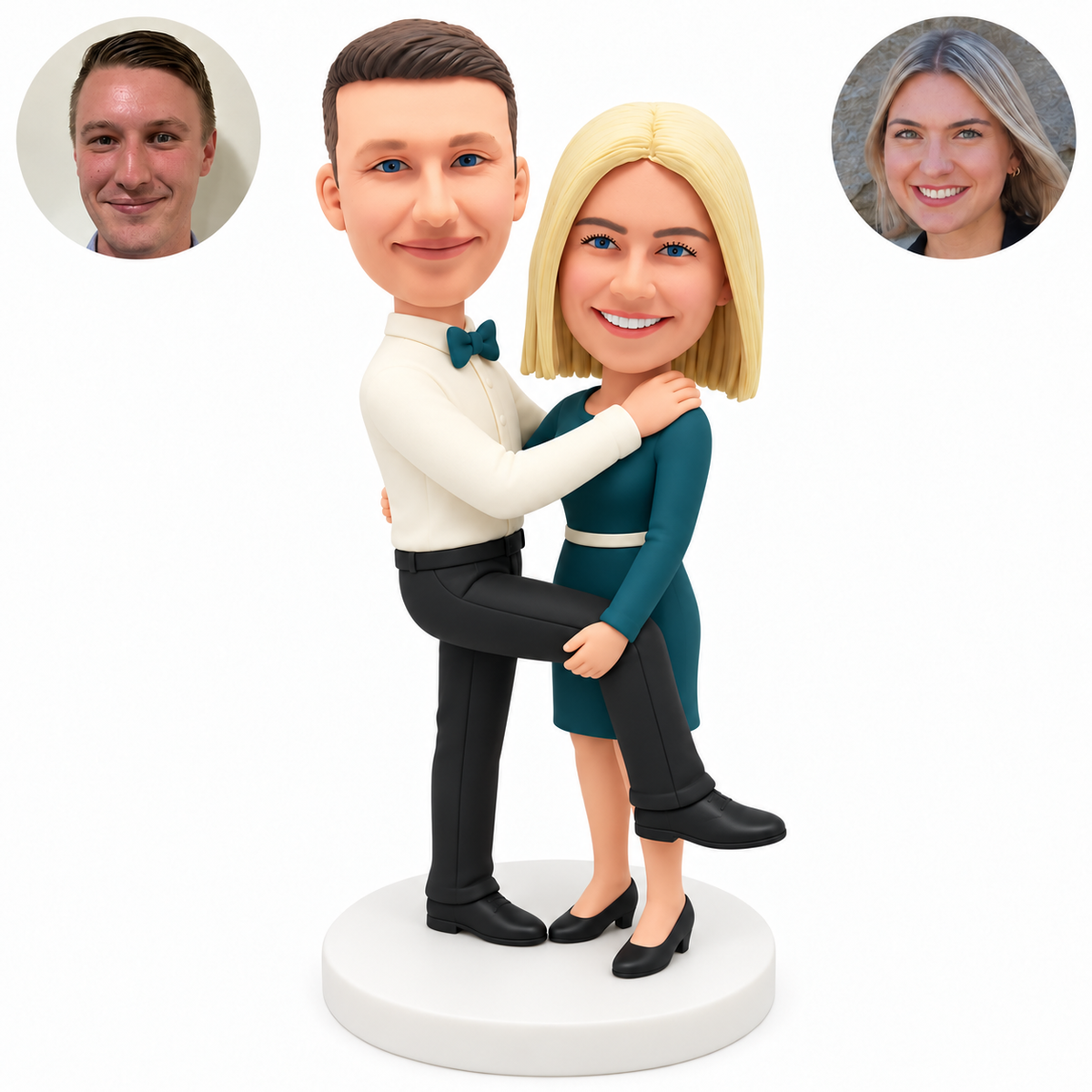 custom bobbleheads figures couple hugging with the woman holding up the man's raised leg