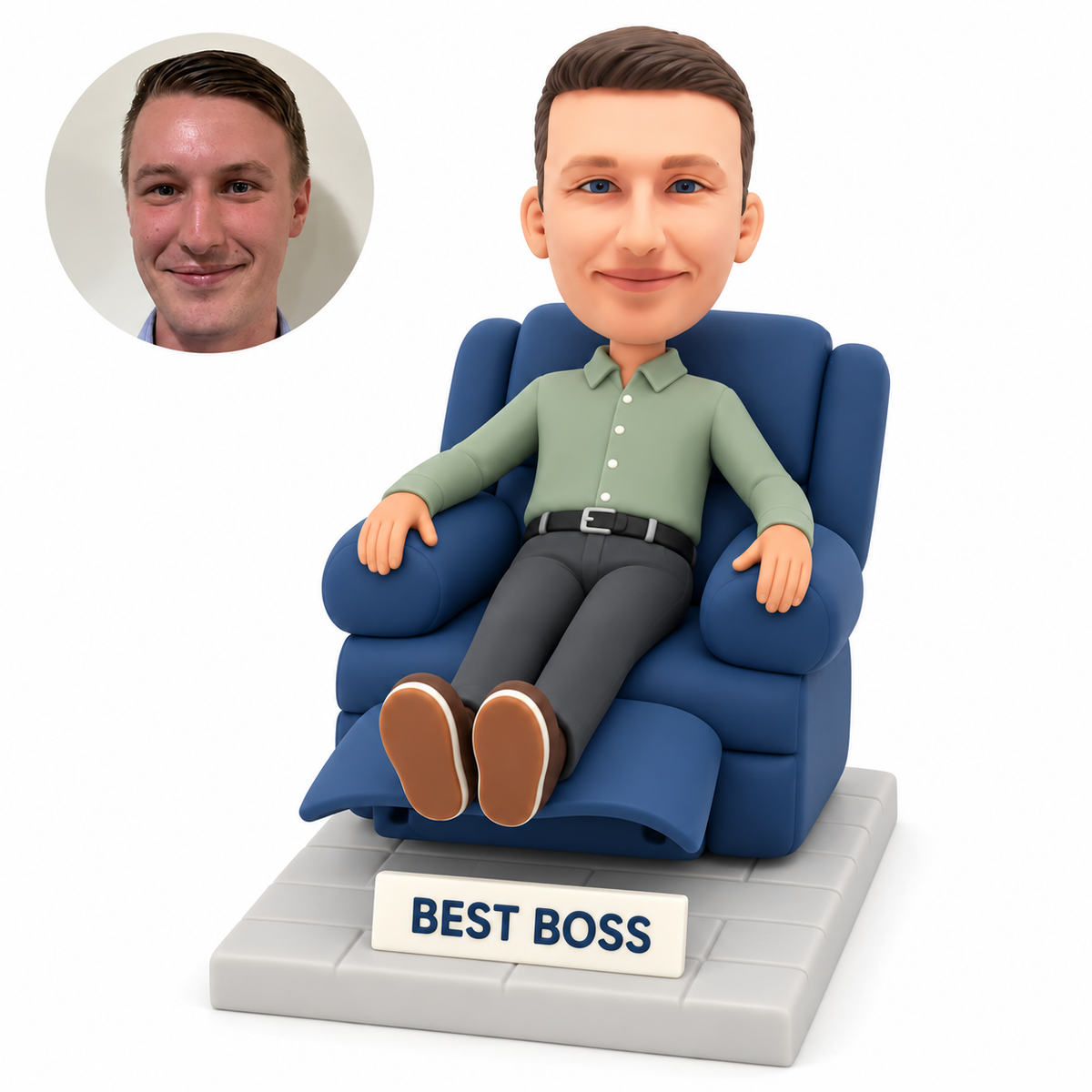 custom bobblehead figure male boss in a reclining armchair with legs extended and both hands on the armrests