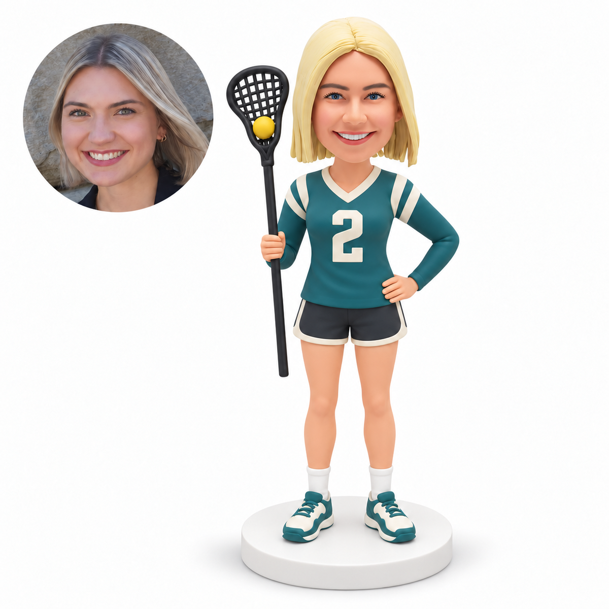 custom bobblehead figure female lacrosse player holding an upright stick with one hand on her hip