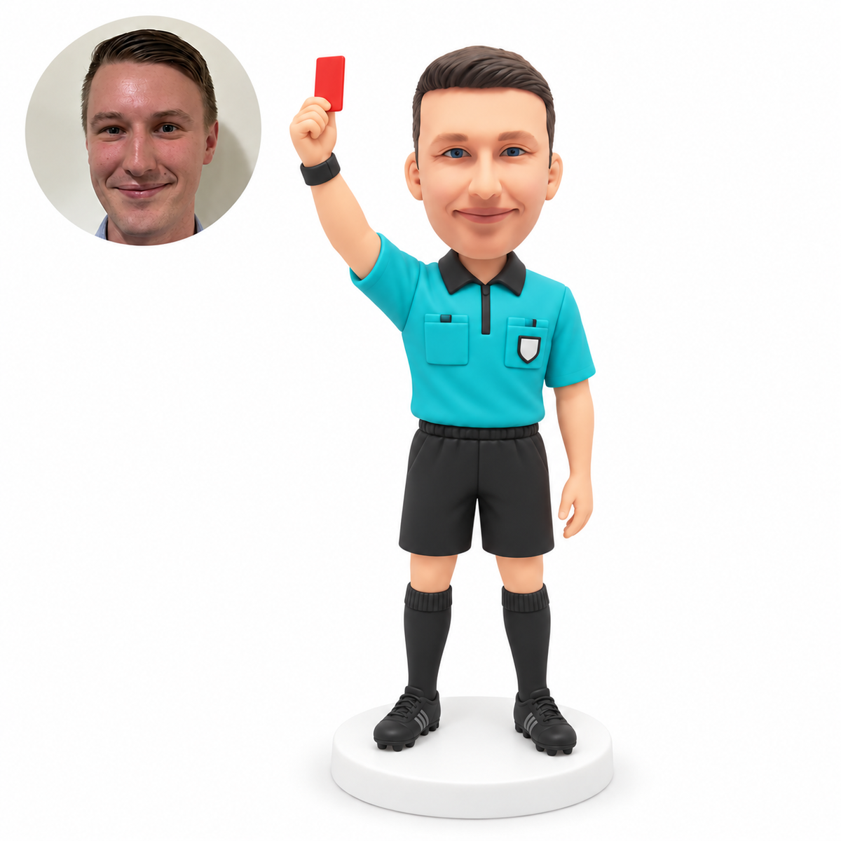 custom bobblehead figure male soccer referee raising a red card with his other arm lowered