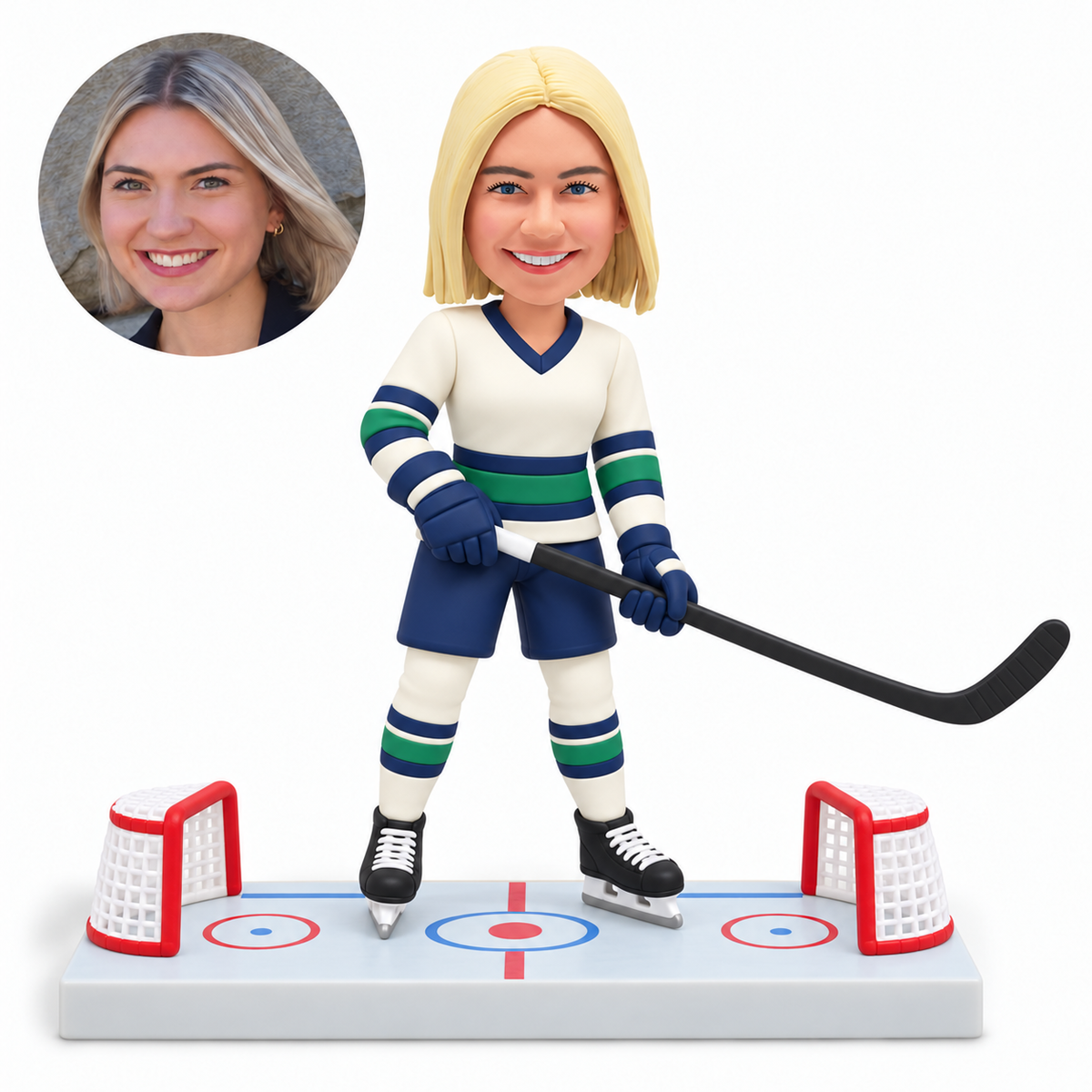 custom bobblehead figure female ice hockey player holding a stick on a miniature rink with two goals
