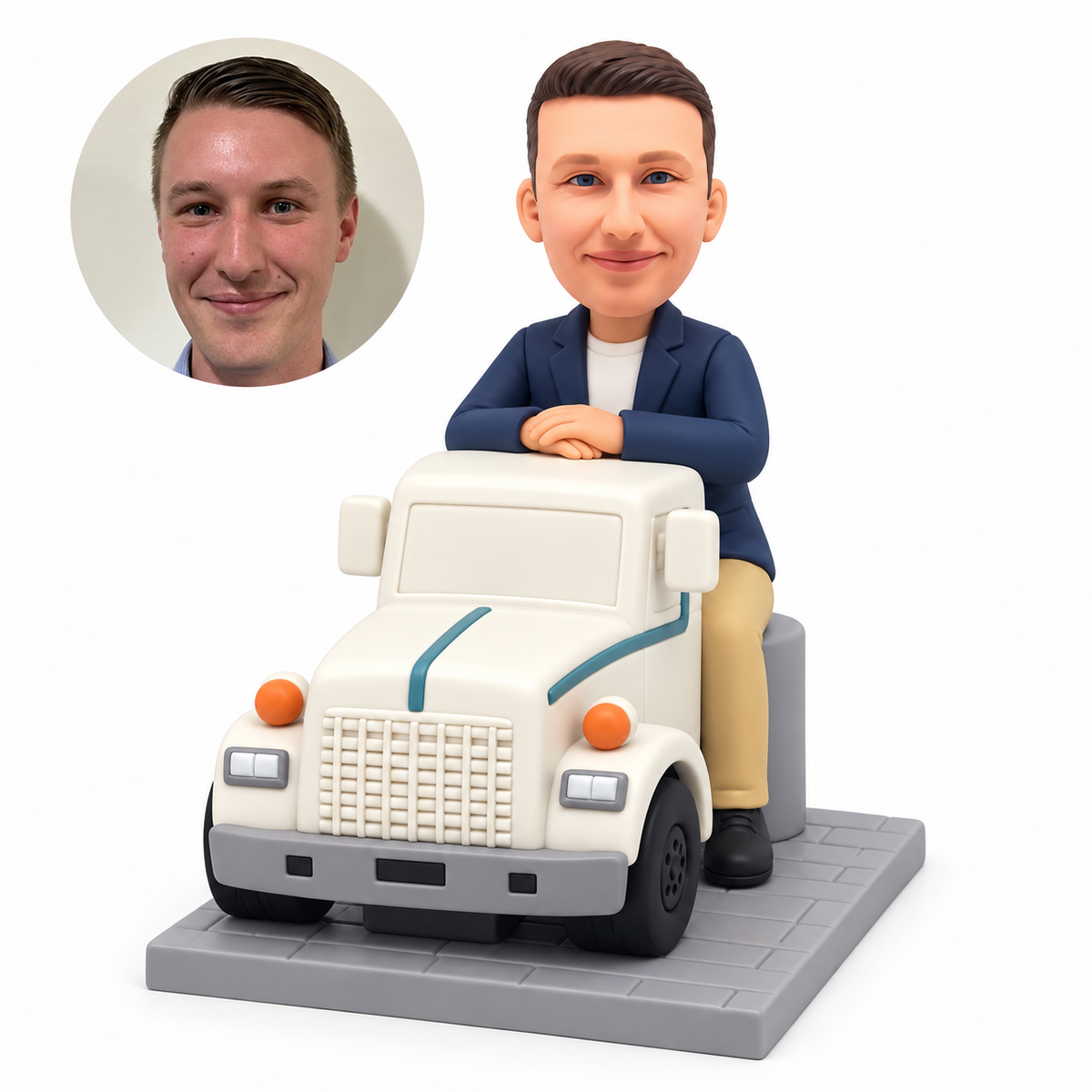 custom bobblehead figure male truck driver seated behind a miniature truck with both hands on its roof
