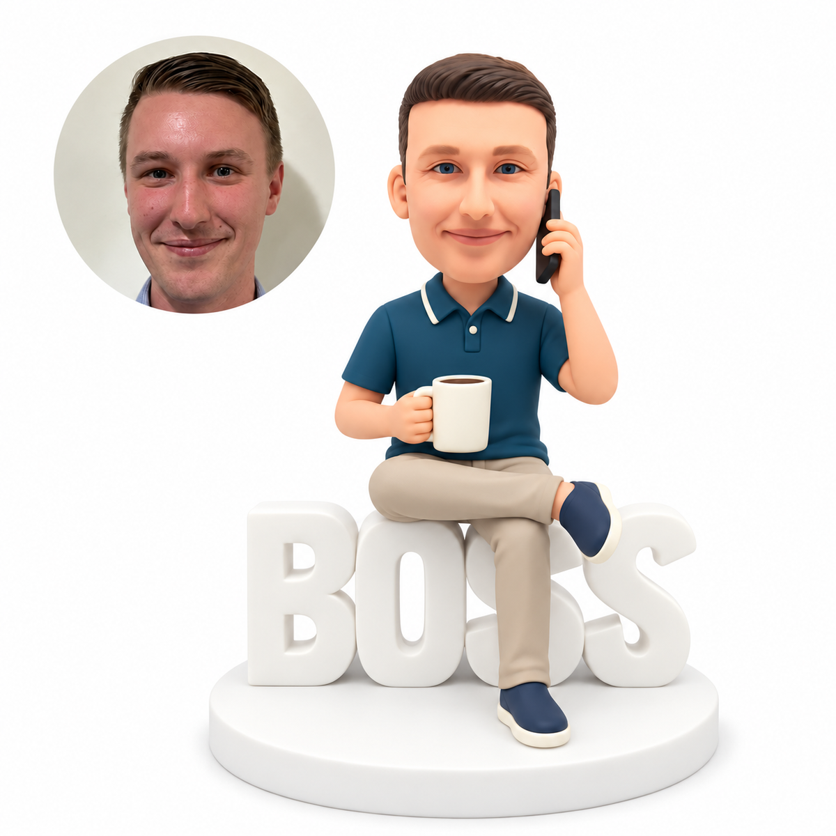 custom bobblehead figure male office boss seated on BOSS letters holding a mug and a phone to his ear