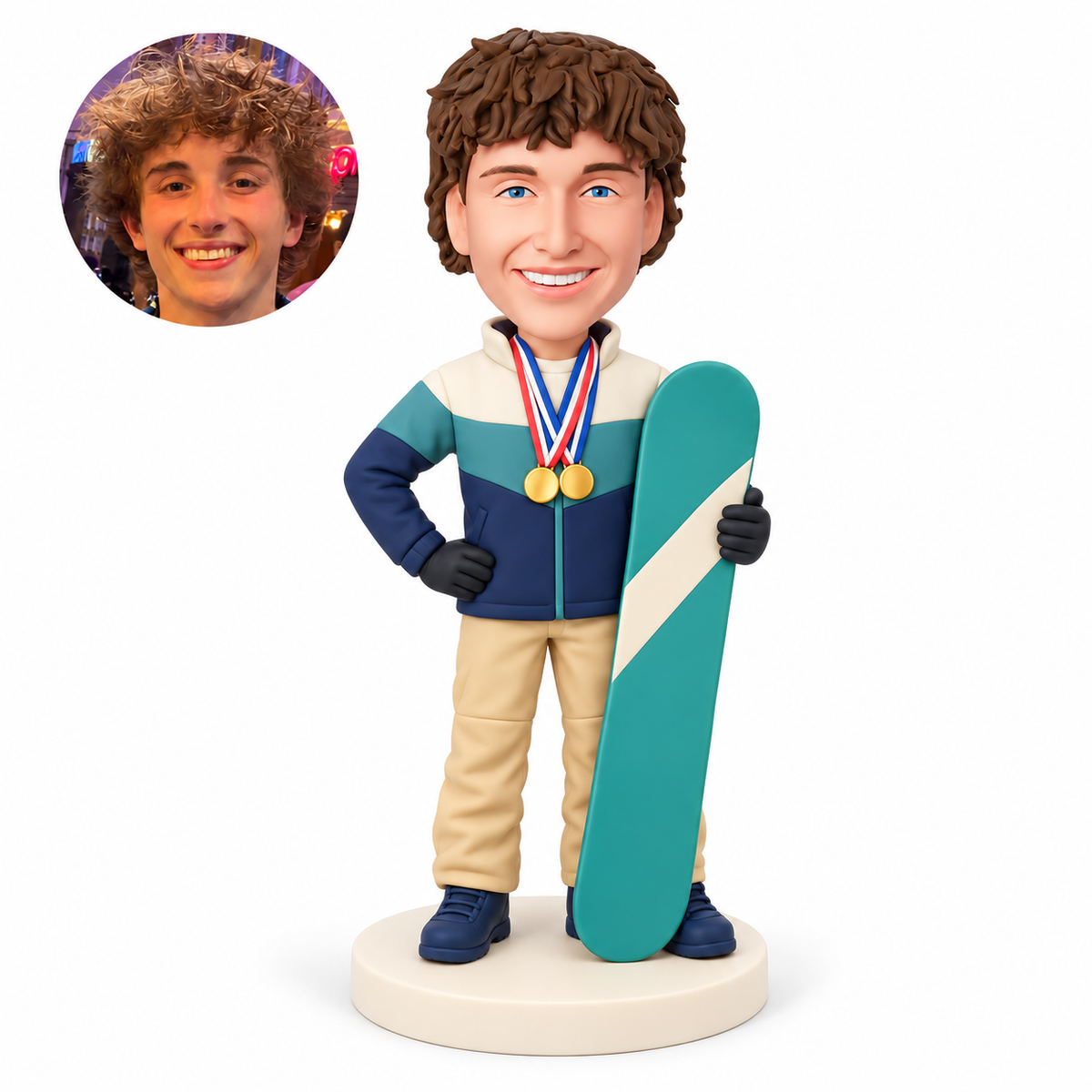 custom bobblehead figure male snowboarder holding an upright board with one hand on his hip