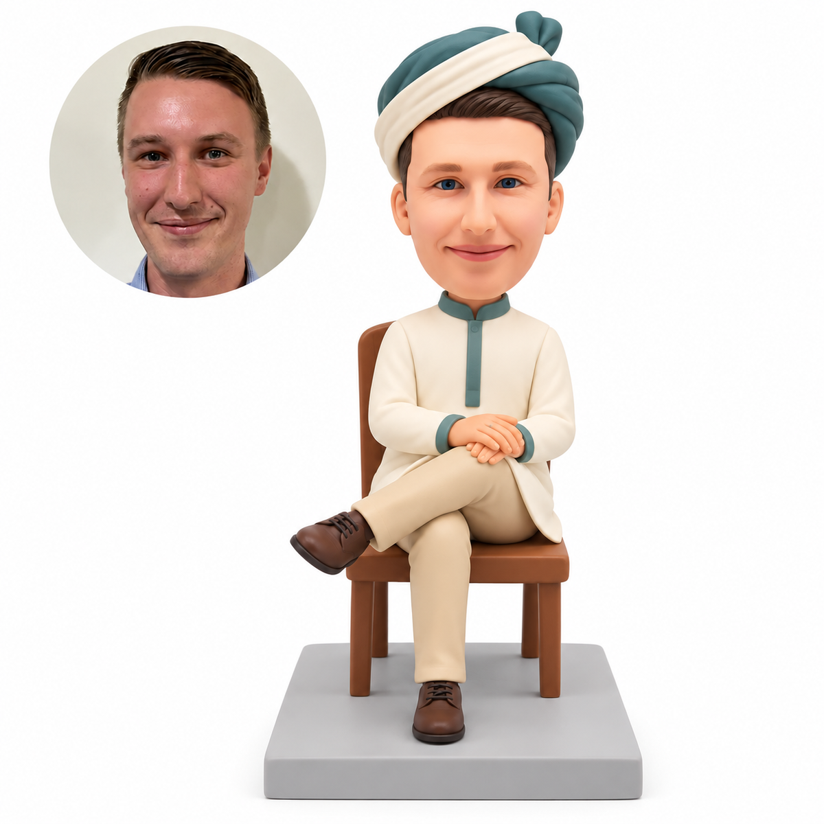 custom bobblehead figure male in a traditional outfit seated on a wooden chair with his legs crossed and hands resting on his knee