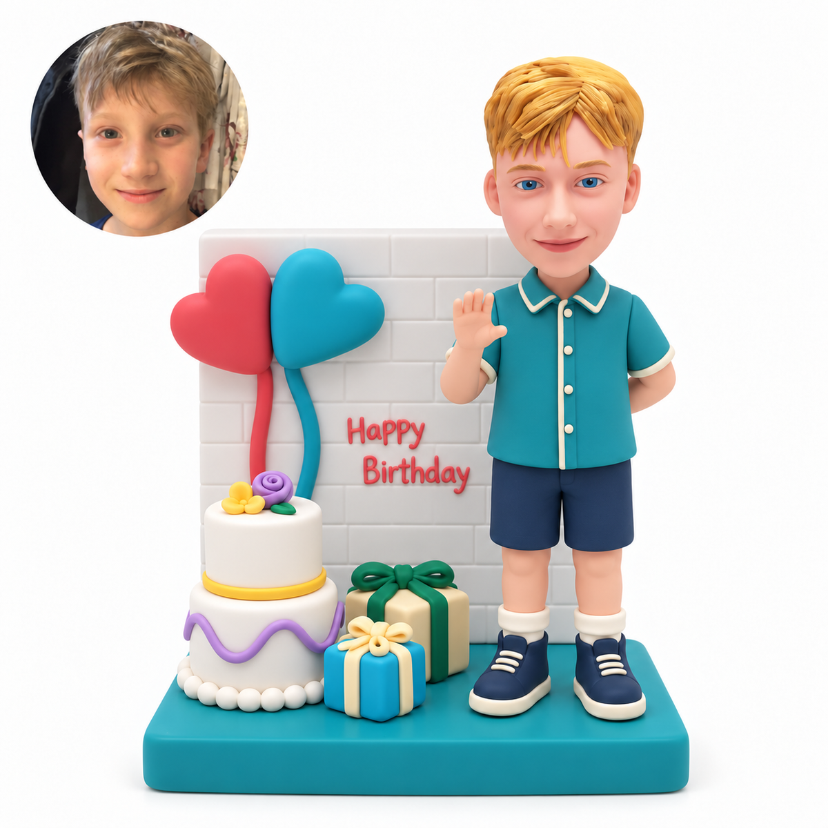 custom bobblehead figure boy at a birthday party with a cake two gifts and two balloons against a brick wall
