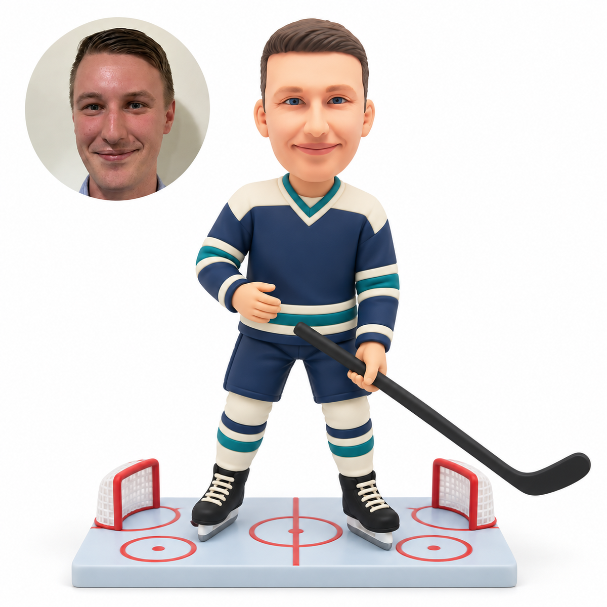 custom bobblehead figure male ice hockey player holding a stick in one hand on a miniature rink with two goals