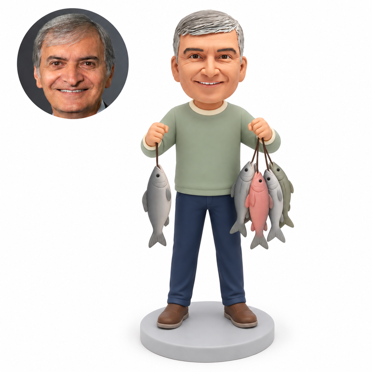 custom bobblehead figure male fisherman holding two strings with five hanging fish