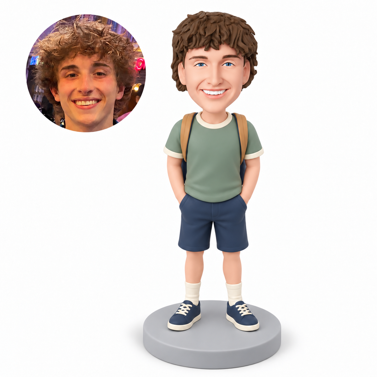 custom bobblehead figure male in shorts wearing a backpack with both hands in his pockets