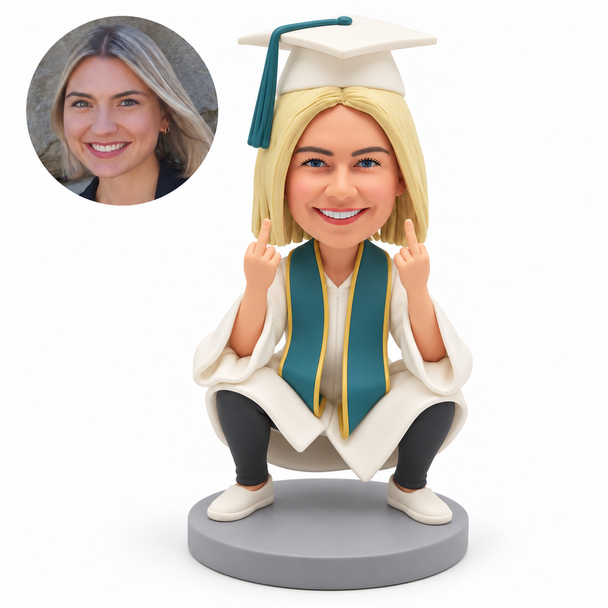 custom bobblehead figure female graduate in a deep squat raising both middle fingers