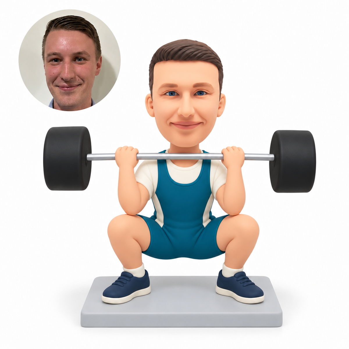 custom bobblehead figure male weightlifter in a deep squat holding a barbell at his upper chest
