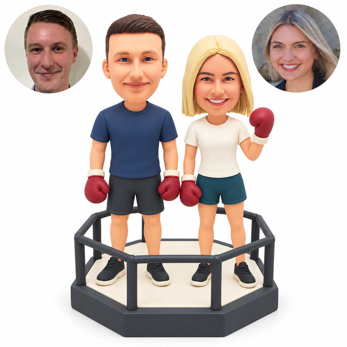 custom bobblehead figures boxing couple standing in an octagonal railed ring