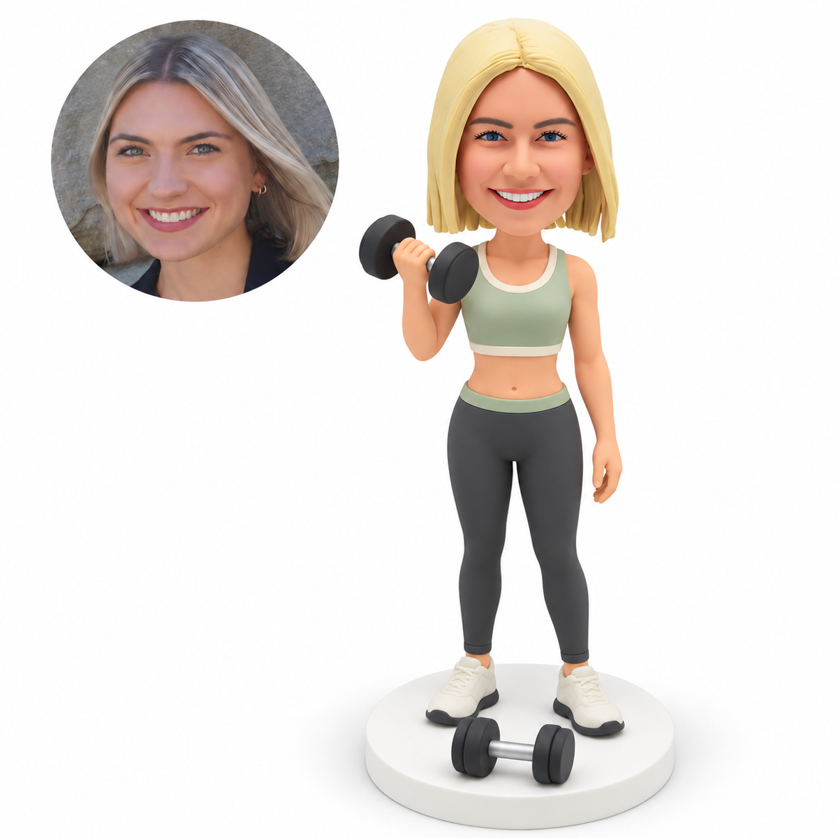 custom bobblehead figure female fitness athlete curling one dumbbell with another on the base