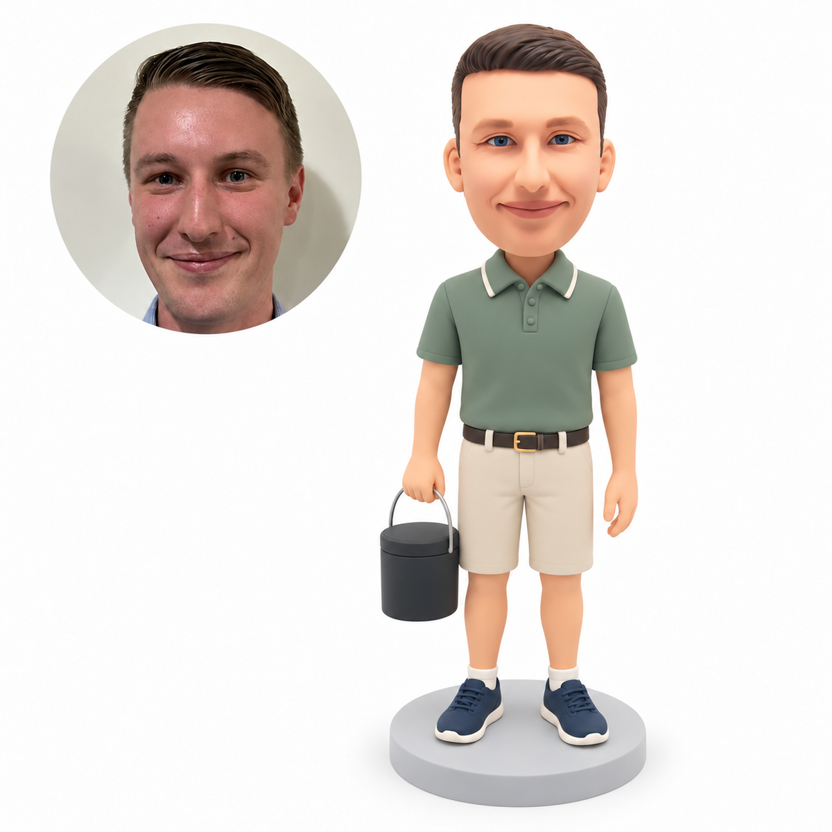 custom bobblehead figure male in a polo shirt carrying a lidded pail