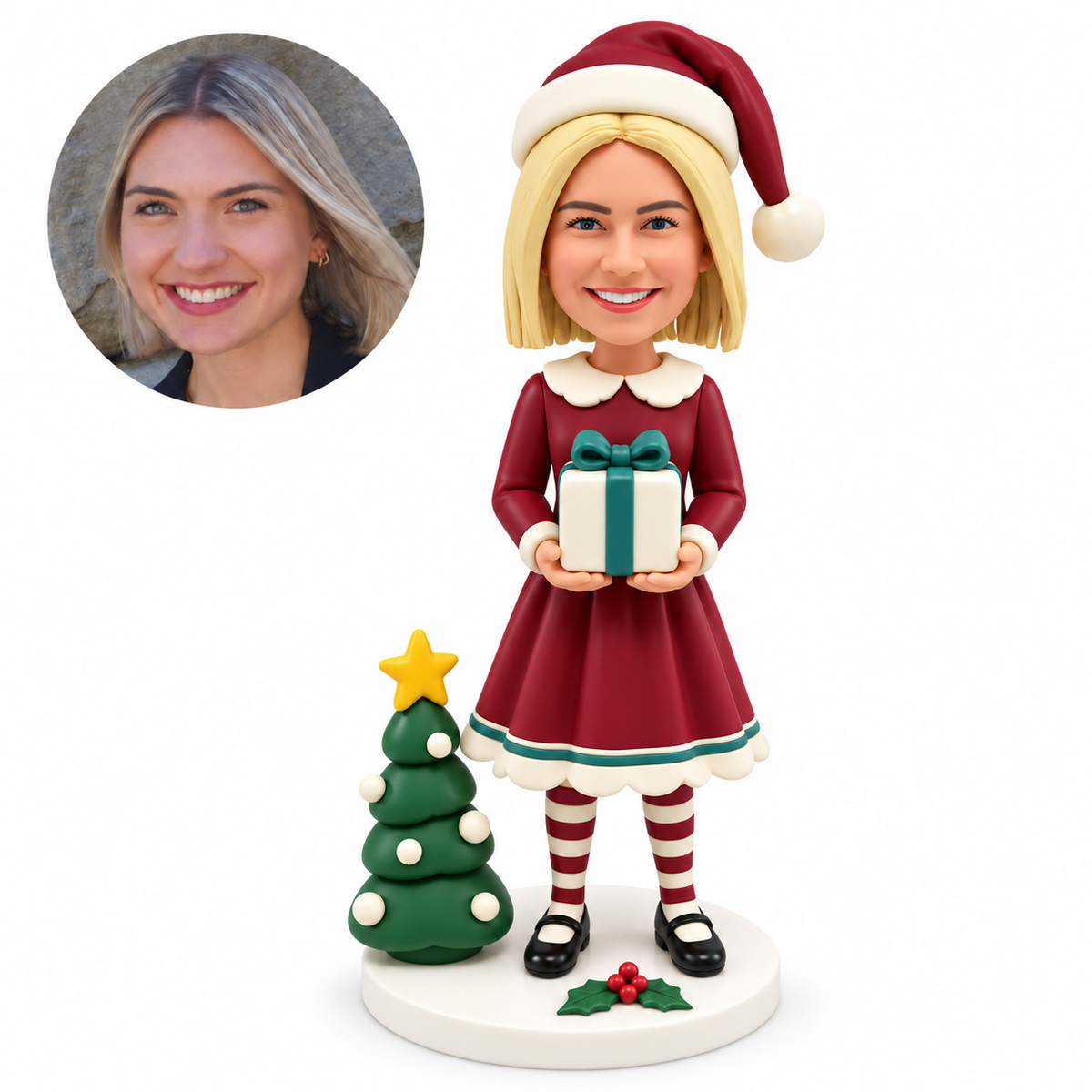 custom bobblehead figure female in a Christmas dress holding a gift beside a small tree