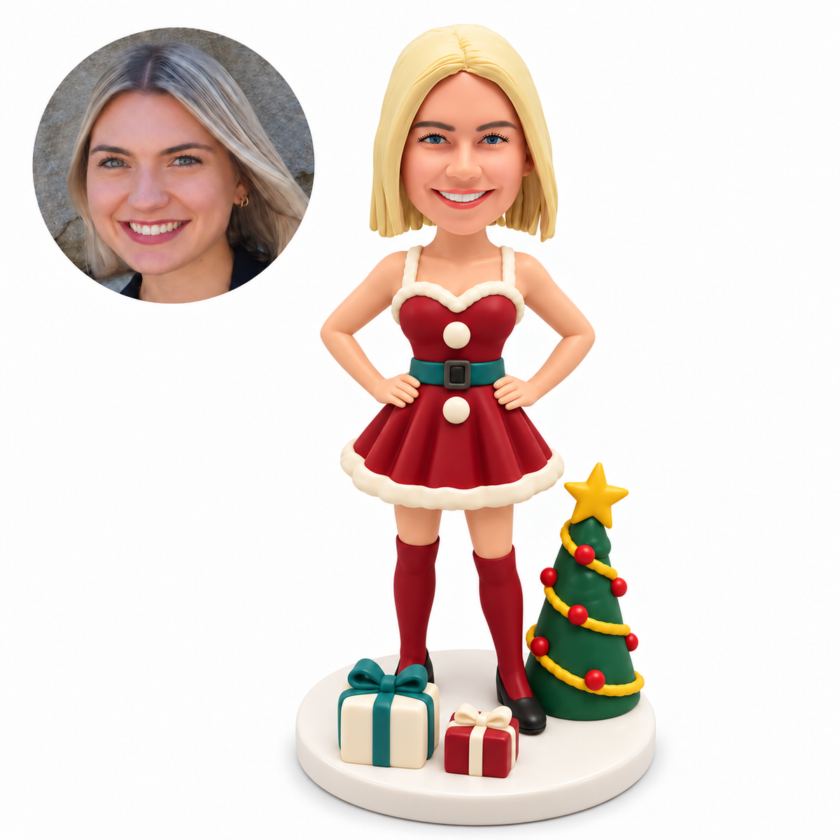 custom bobblehead figure female with both hands on her hips beside a Christmas tree and two gifts