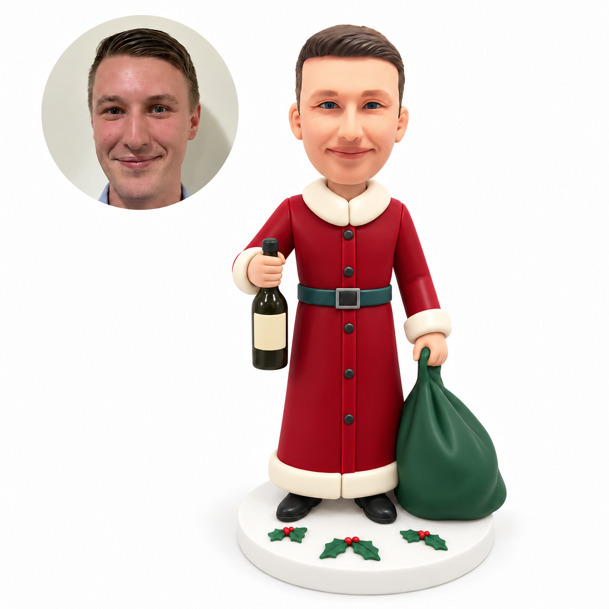 custom bobblehead figure male in a long Christmas coat holding a wine bottle and a sack