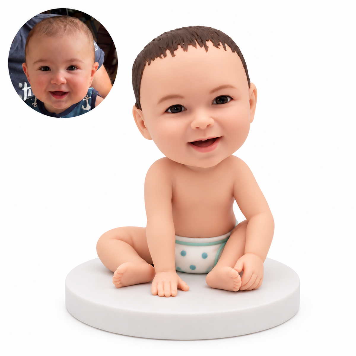 custom bobblehead figure baby seated in a diaper with one hand on the base and the other at an ankle