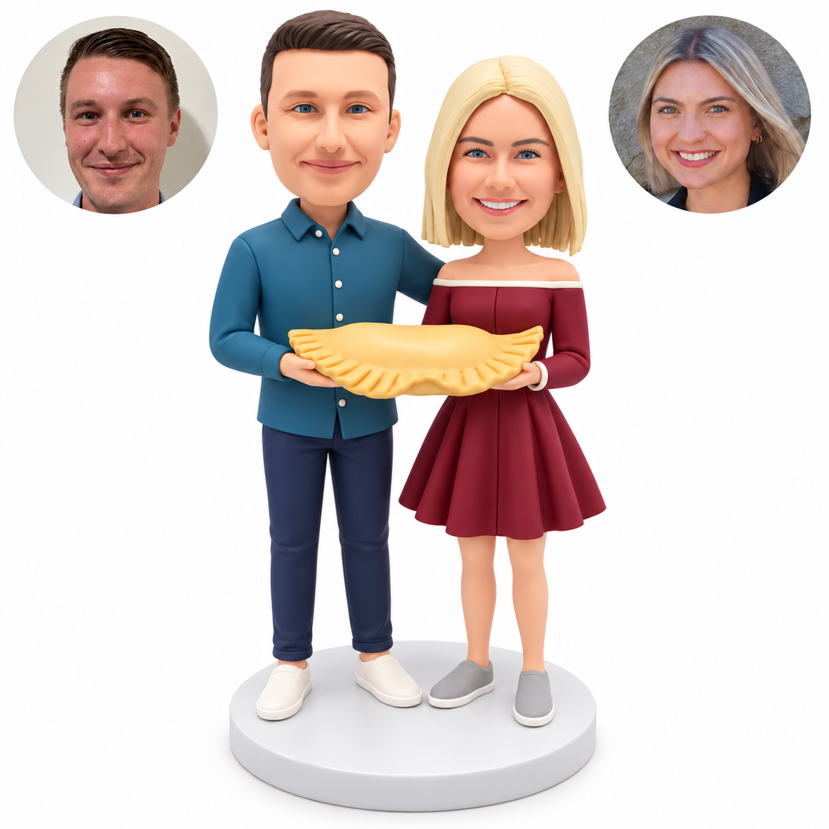 custom bobblehead figures couple holding a giant dumpling with the man’s arm around the woman