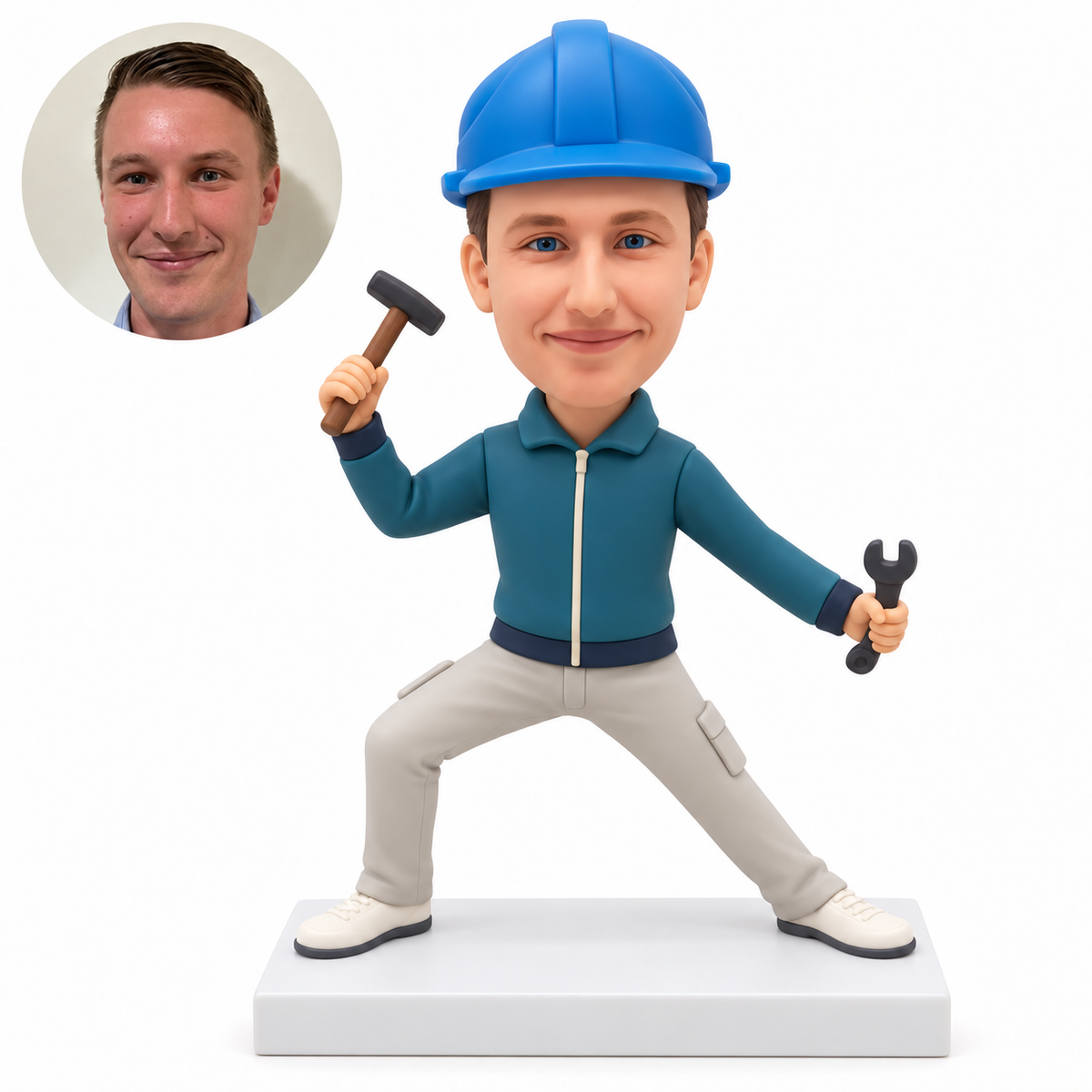 custom bobblehead figure male repair worker in a wide lunge holding a hammer and an open-ended wrench