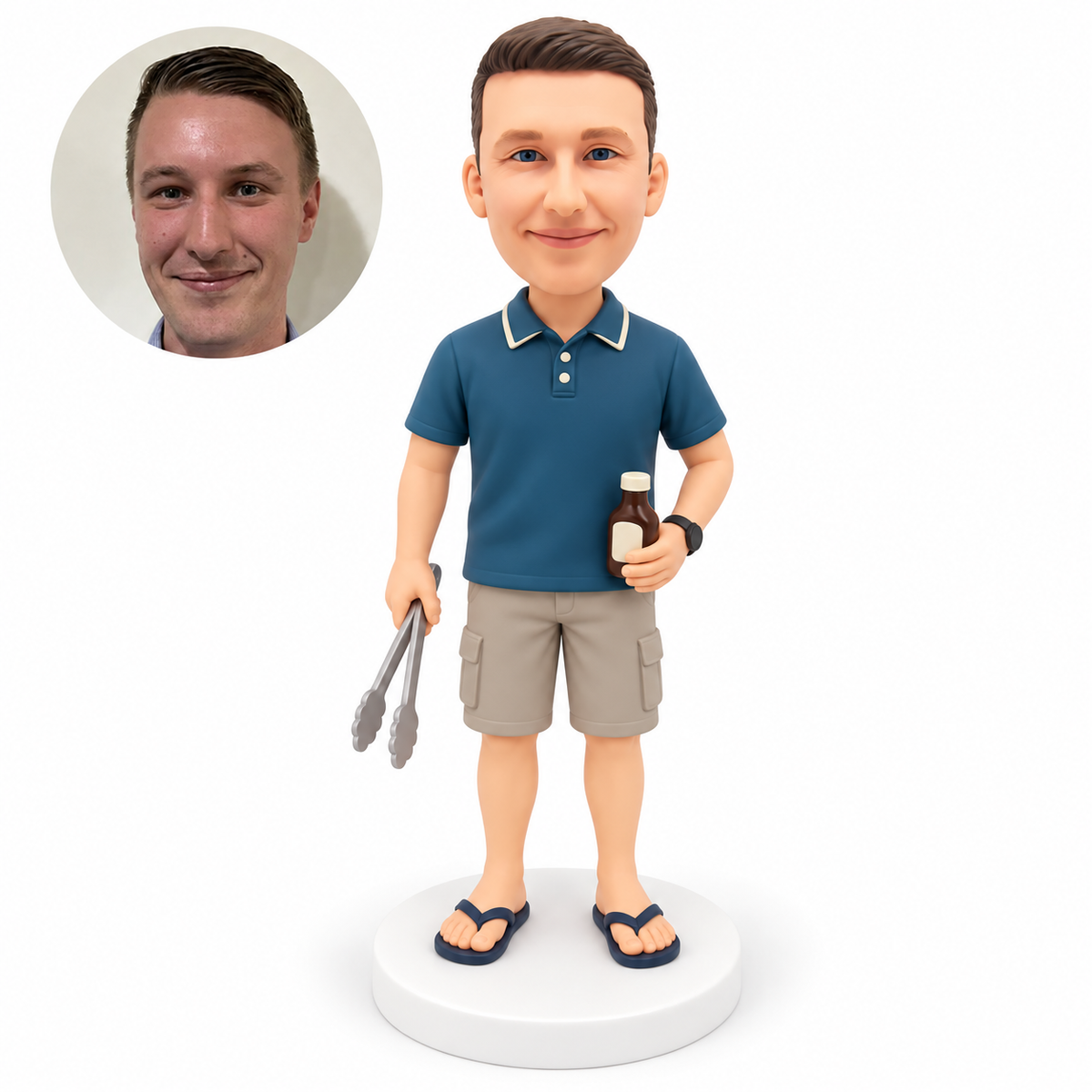 custom bobblehead figure male in shorts holding barbecue tongs and a sauce bottle